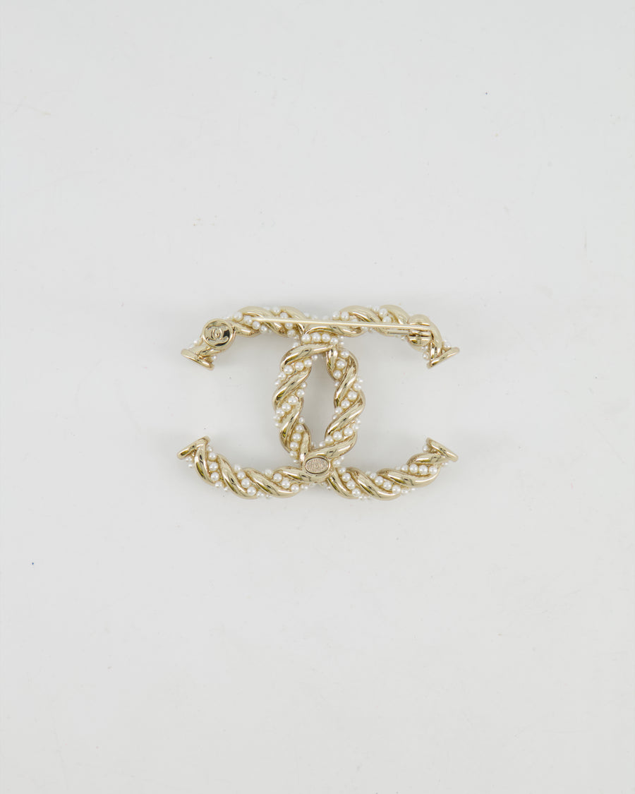 Chanel Champagne Gold and Pearl Braided CC Logo Brooch