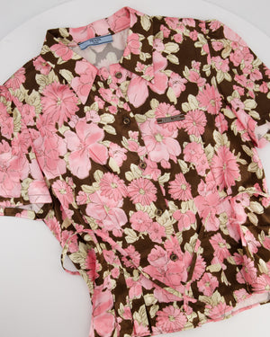 Prada Pink and Brown Floral Satin Short-Sleeve Shirt Size FR 36 (UK 8)