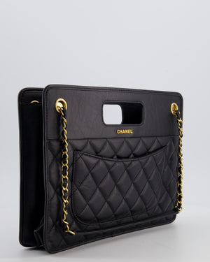 Chanel Black Aged Calfskin Quilted Small Graphic Catch Shopping Bag with Gold Hardware