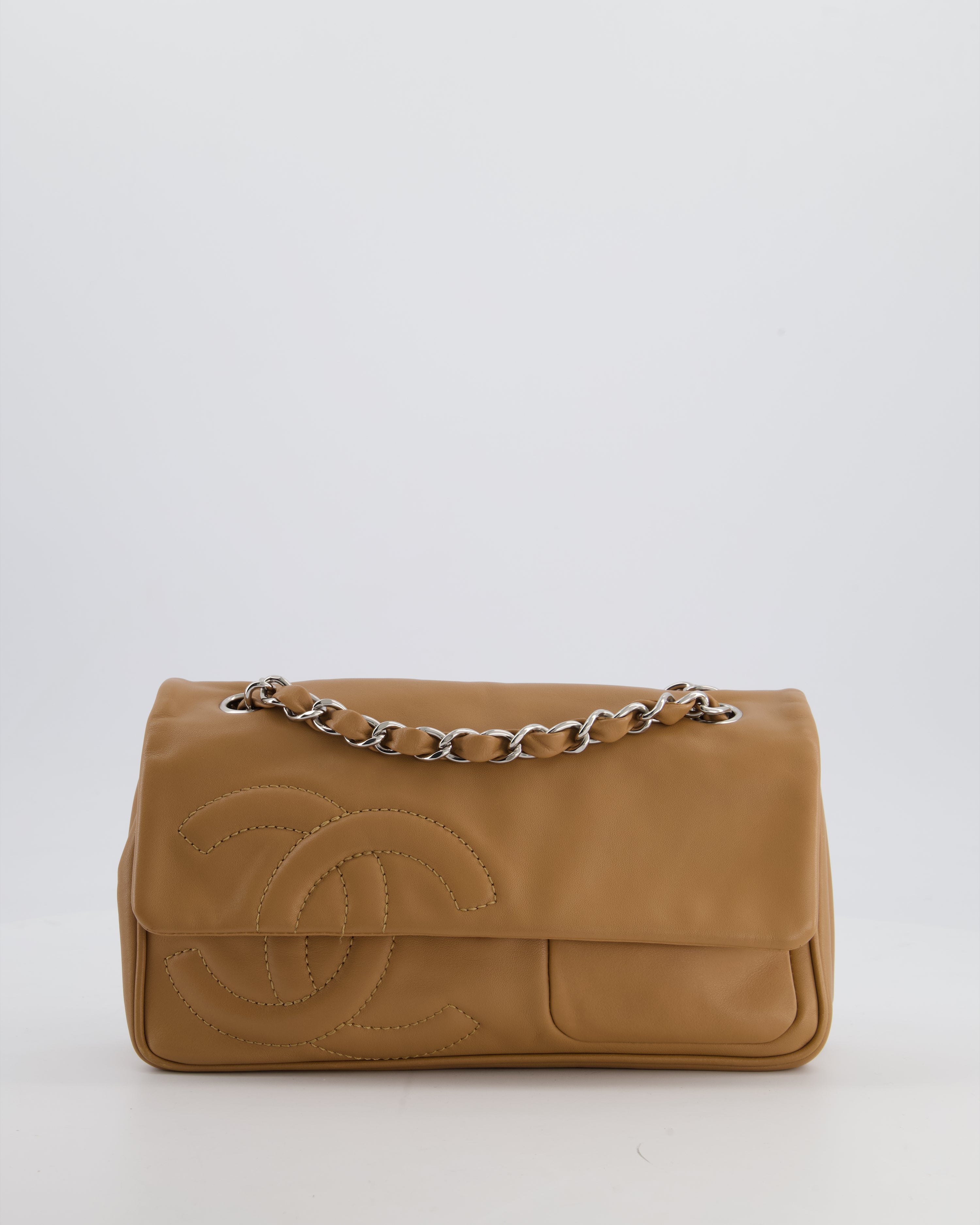 Chanel Nude Medium Diagonal Lambskin Flap Bag with Silver Hardware