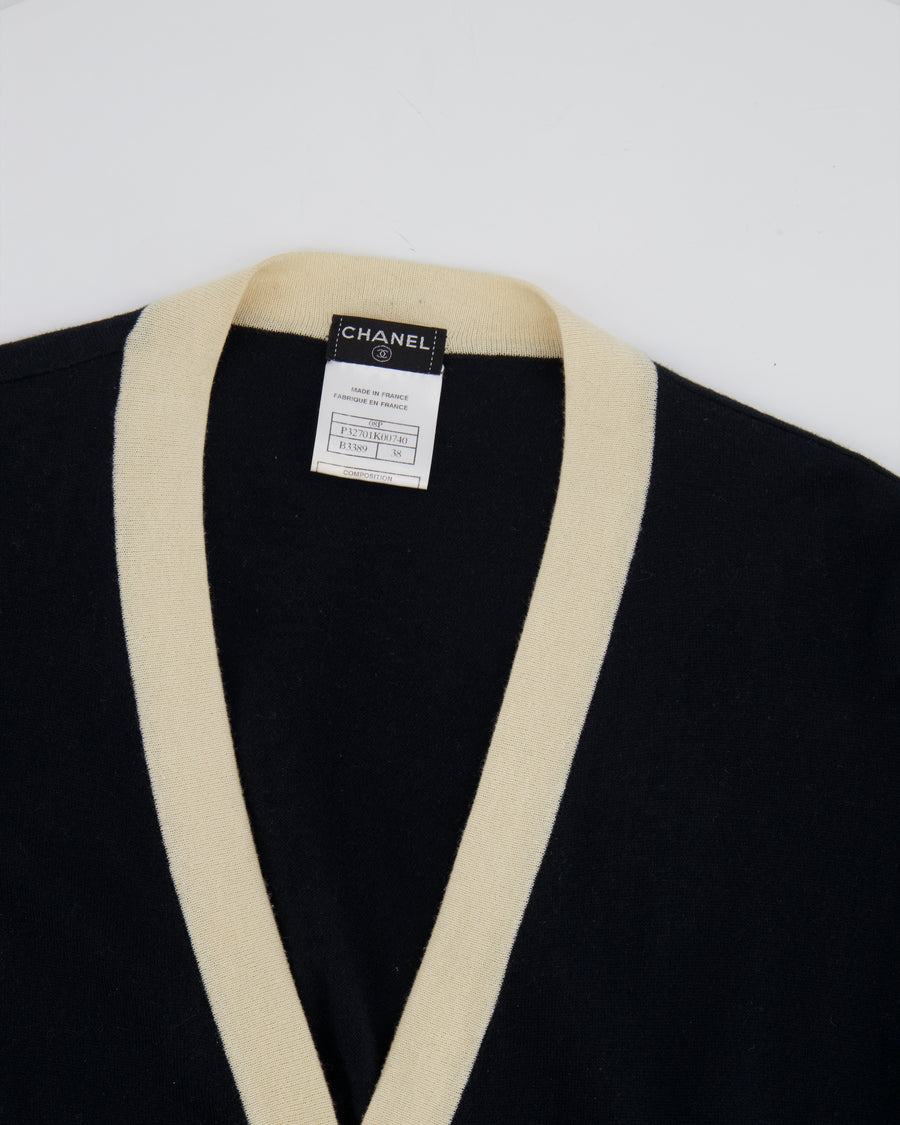 Chanel Black Cashmere Long Cardigan with Cream Trim Detail, Gold Glitter and Silver CC Buttons Size FR 38 (UK 10)