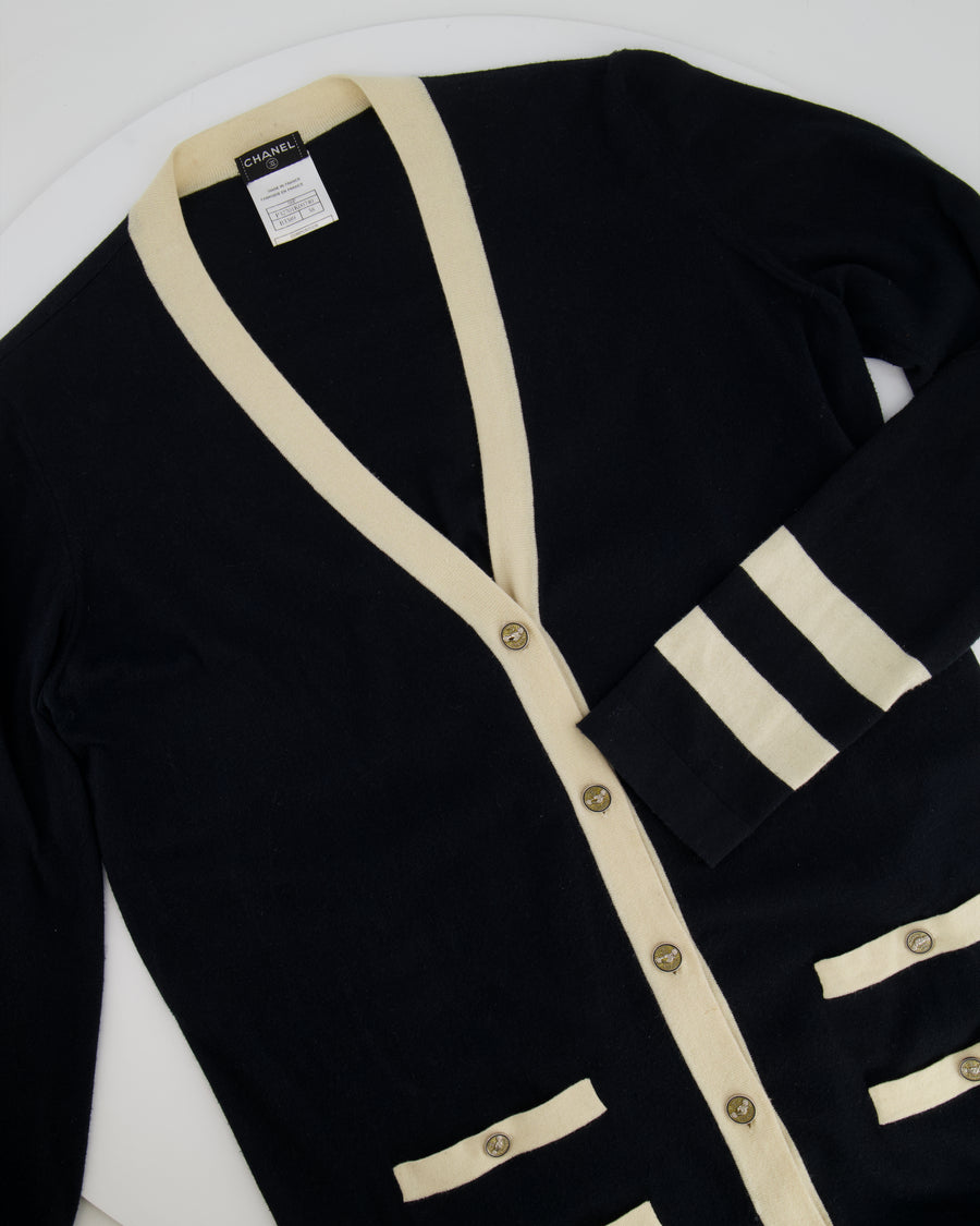 Chanel Black Cashmere Long Cardigan with Cream Trim Detail, Gold Glitter and Silver CC Buttons Size FR 38 (UK 10)