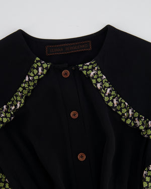 Ulyana Sergeenko Black Silk Belted Playsuit with Green Flower and Goat Print Trim Detail Size FR 36 (UK 8)