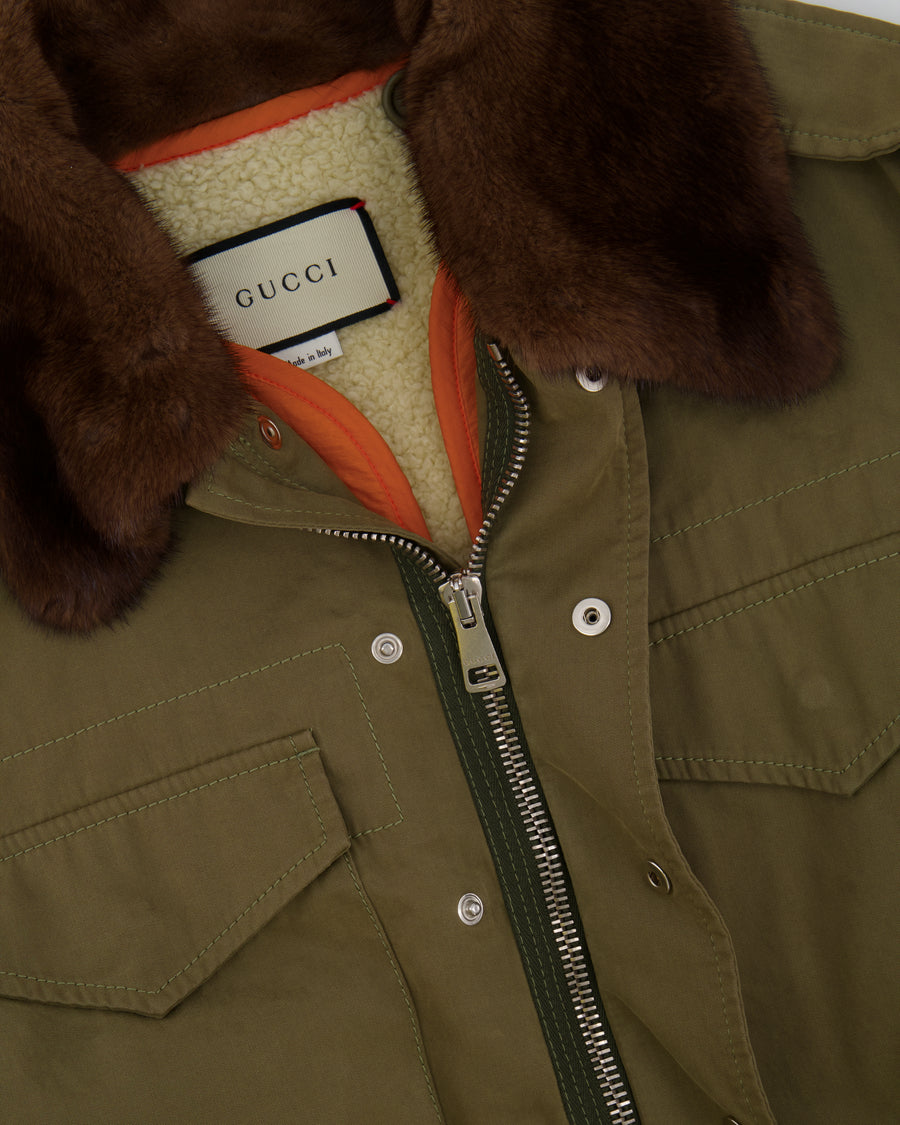 Gucci Khaki Jacket with Brown Mink Fur Trim and Shearling Lining with Logo Print Size IT 38 (UK 6)