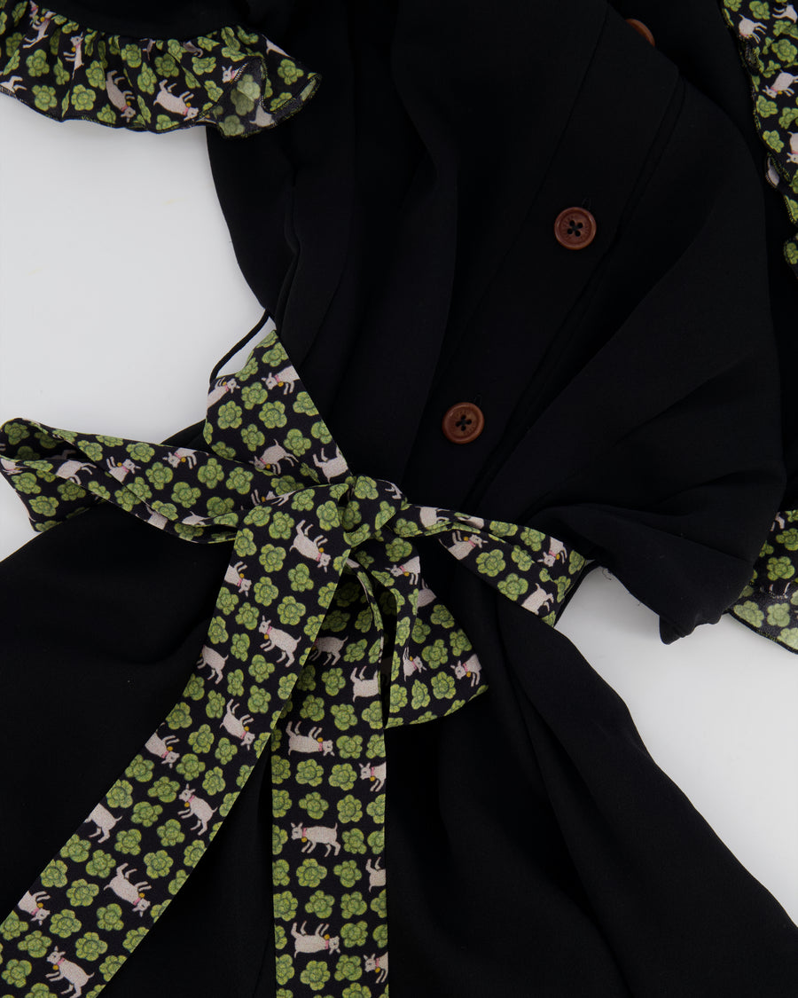 Ulyana Sergeenko Black Silk Belted Playsuit with Green Flower and Goat Print Trim Detail Size FR 36 (UK 8)