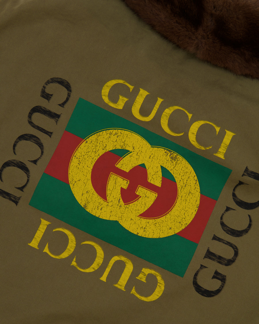 Gucci Khaki Jacket with Brown Mink Fur Trim and Shearling Lining with Logo Print Size IT 38 (UK 6)