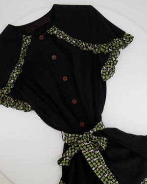 Ulyana Sergeenko Black Silk Belted Playsuit with Green Flower and Goat Print Trim Detail Size FR 36 (UK 8)