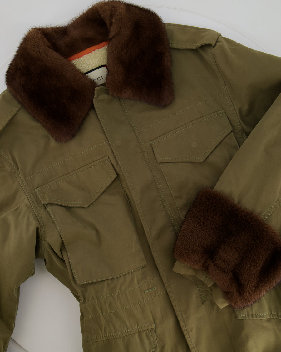 Gucci Khaki Jacket with Brown Mink Fur Trim and Shearling Lining with Logo Print Size IT 38 (UK 6)