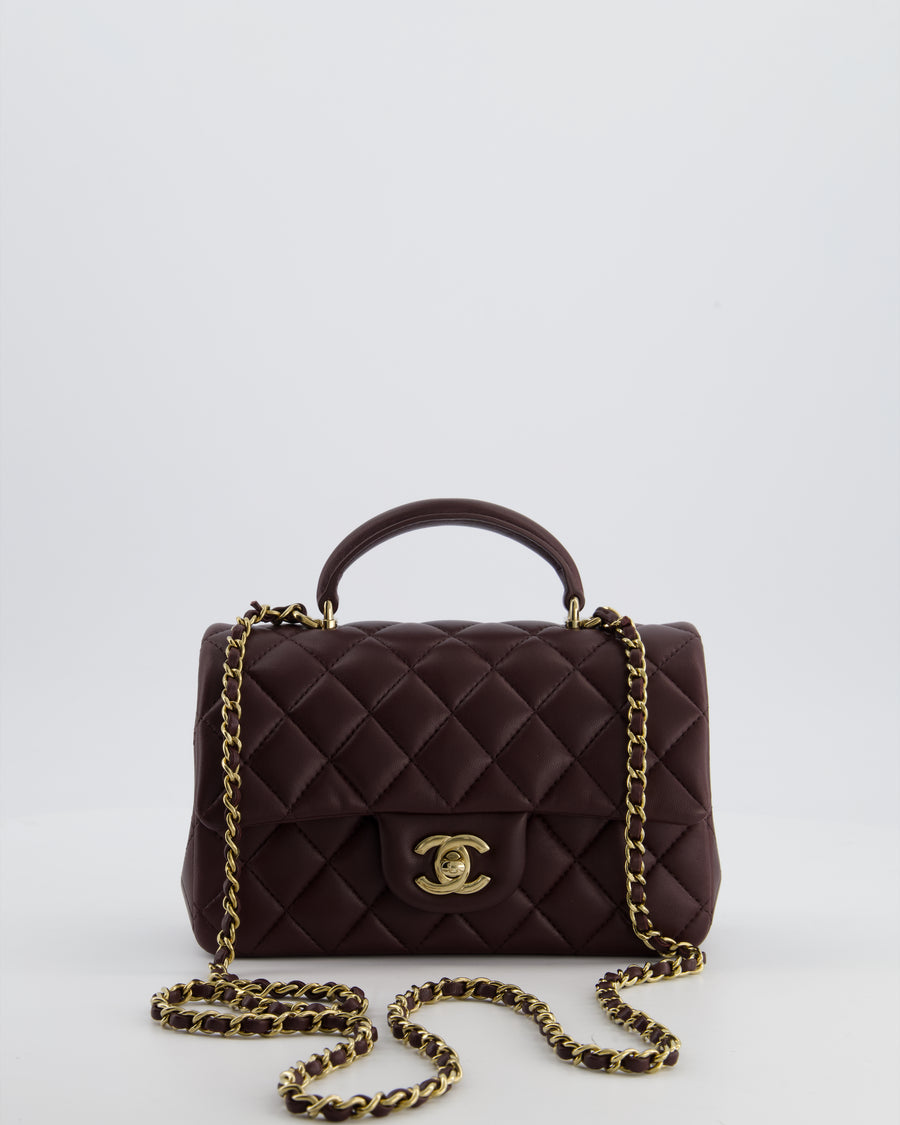 Chanel Mini Rectangular Top Handle Bag in Dark Burgundy Lambskin Leather with Champagne Gold Hardware