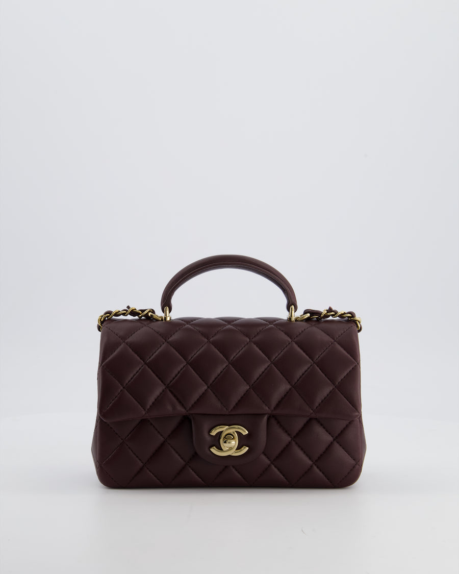 Chanel Mini Rectangular Top Handle Bag in Dark Burgundy Lambskin Leather with Champagne Gold Hardware
