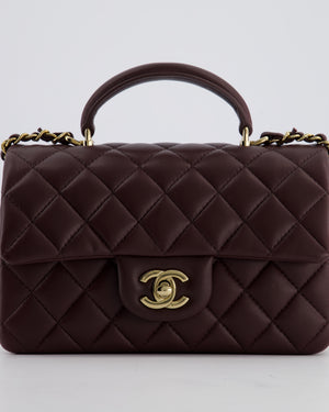 Chanel Mini Rectangular Top Handle Bag in Dark Burgundy Lambskin Leather with Champagne Gold Hardware