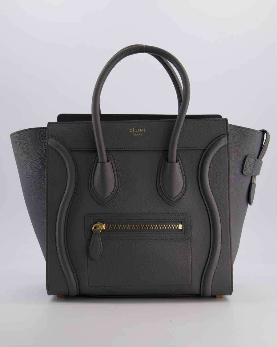 Celine Grey Mini Luggage Bag in Grained Calfskin Leather with Gold Hardware