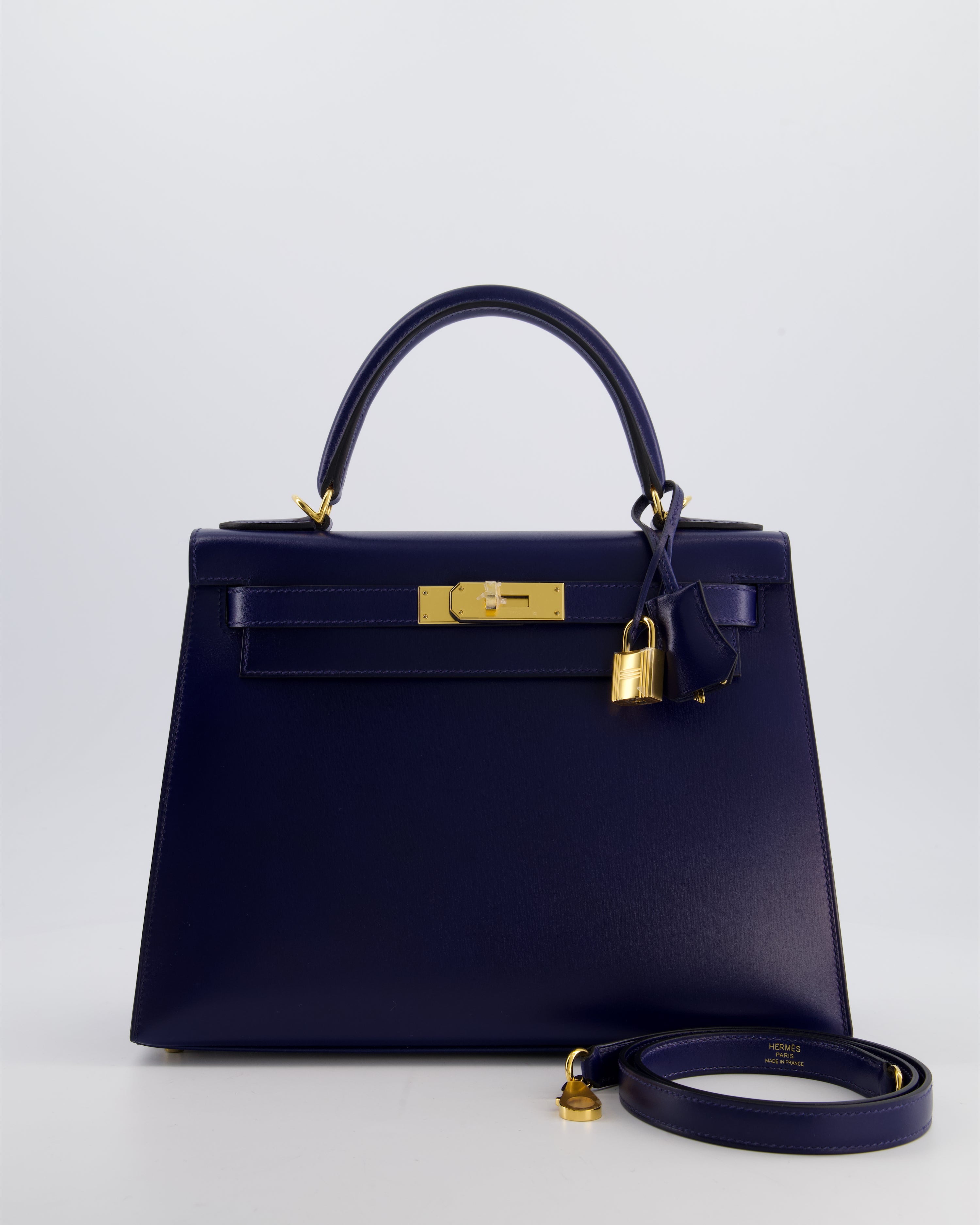RARE* Hermès Kelly 28 Sellier Bag in Bleu Saphir Box Leather with Gol