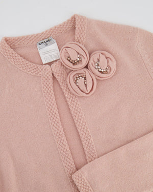 Chanel Spring 2005 Vintage Pink Cashmere Cardigan with Floral Crystals Size FR 38 (UK 10)