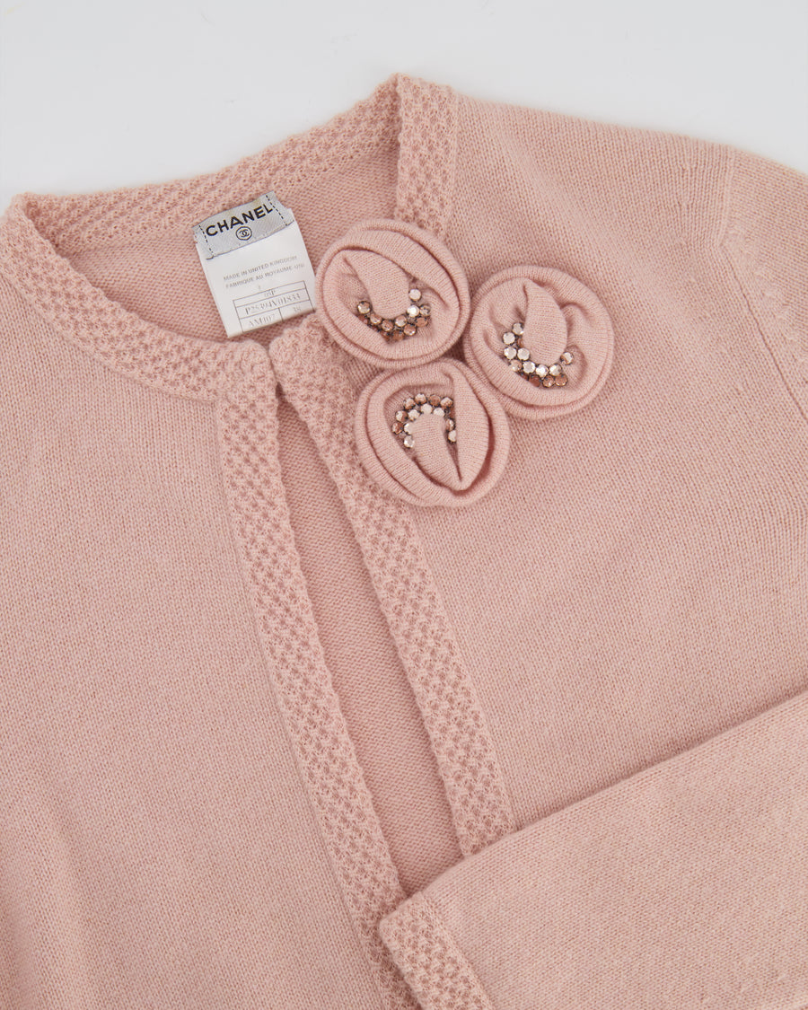 Chanel Spring 2005 Vintage Pink Cashmere Cardigan with Floral Crystals Size FR 38 (UK 10)