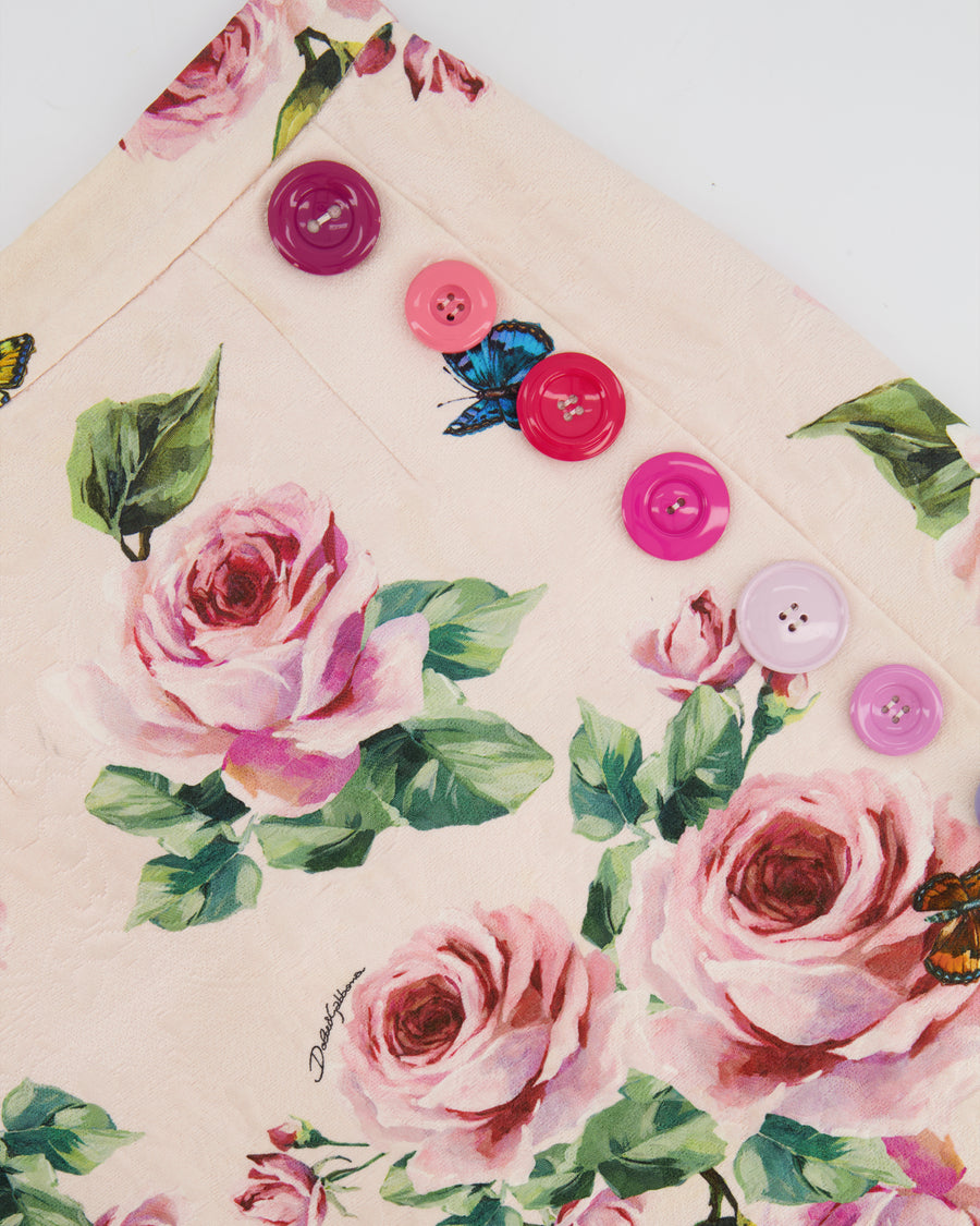 Dolce & Gabbana Pink Floral Mini Skirt with Large Button Details and Back Logo Size IT 40 (UK 8) RRP £800
