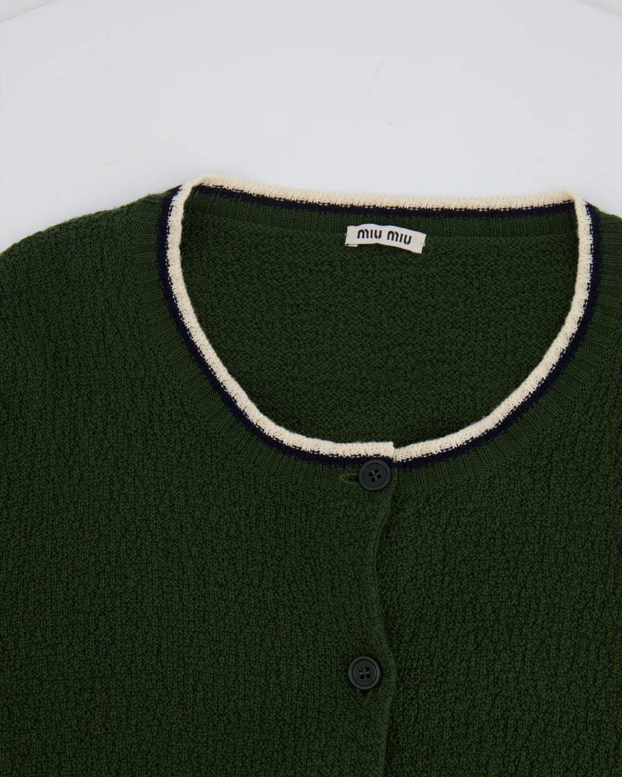 Miu Miu Green Knit Cardigan with Cream and Navy Trim Details Size IT 40 (UK 8)