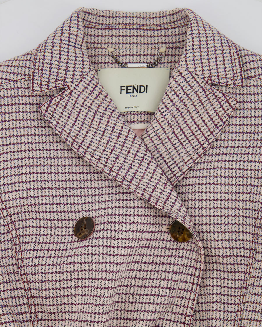 Fendi Red and Pink Micro Houndstooth Belted Jacket with Brown Tortoise Shell Logo Buttons Size IT 38 (UK 6)
