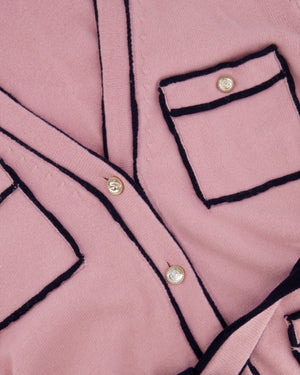 Chanel Spring 2021 Pink Cashmere Long Belted Cardigan with Navy Trim Details and Gold Number 5 Buttons Size FR 38 (UK 10)