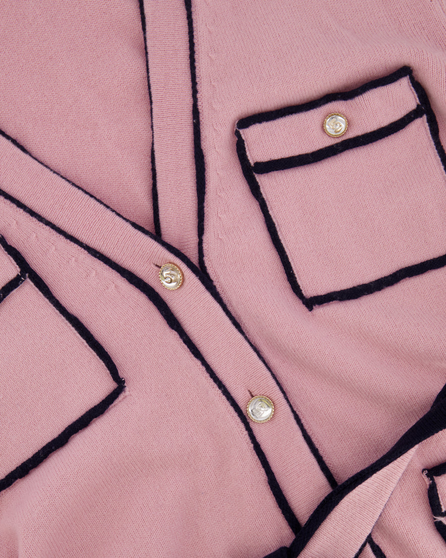 Chanel Spring 2021 Pink Cashmere Long Belted Cardigan with Navy Trim Details and Gold Number 5 Buttons Size FR 38 (UK 10)