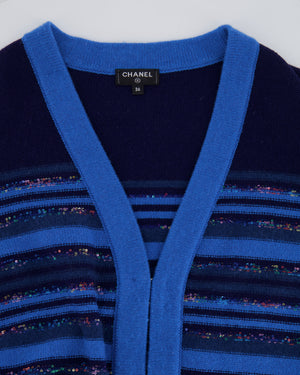 Chanel 20C Blue and Navy Cashmere Striped Long Cardigan with Multicolour Sequins Detail and Silver Camelia CC Buttons Size FR 36 (UK 8)