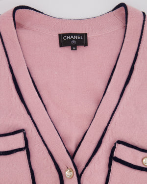 Chanel Spring 2021 Pink Cashmere Long Belted Cardigan with Navy Trim Details and Gold Number 5 Buttons Size FR 38 (UK 10)