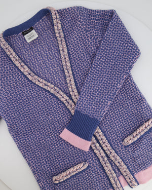 Chanel Blue and Pink Cashmere Knitted Cardigan with Braided Trim Detail Size FR 36 (UK 8)