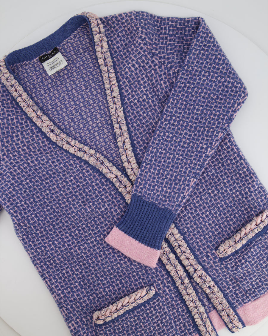 Chanel Blue and Pink Cashmere Knitted Cardigan with Braided Trim Detail Size FR 36 (UK 8)