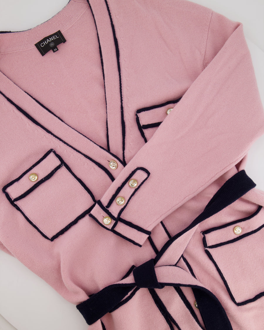 Chanel Spring 2021 Pink Cashmere Long Belted Cardigan with Navy Trim Details and Gold Number 5 Buttons Size FR 38 (UK 10)