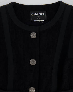 Chanel Black Vintage Tweed Jacket with Ribbed Fabric Trim Details and Silver CC Logo Star Buttons Size FR 38 (UK 10)