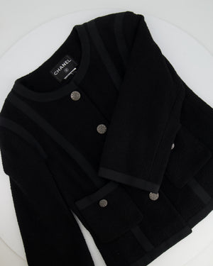 Chanel Black Vintage Tweed Jacket with Ribbed Fabric Trim Details and Silver CC Logo Star Buttons Size FR 38 (UK 10)