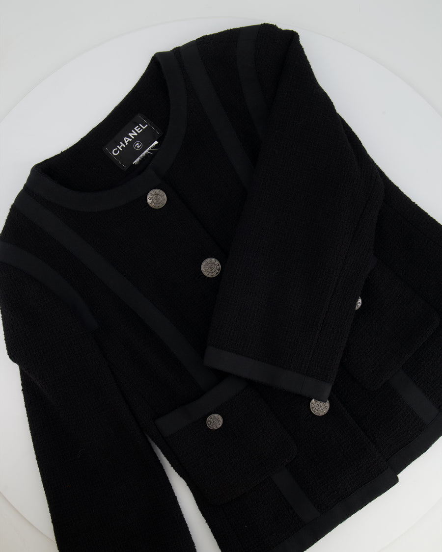 Chanel Black Vintage Tweed Jacket with Ribbed Fabric Trim Details and Silver CC Logo Star Buttons Size FR 38 (UK 10)