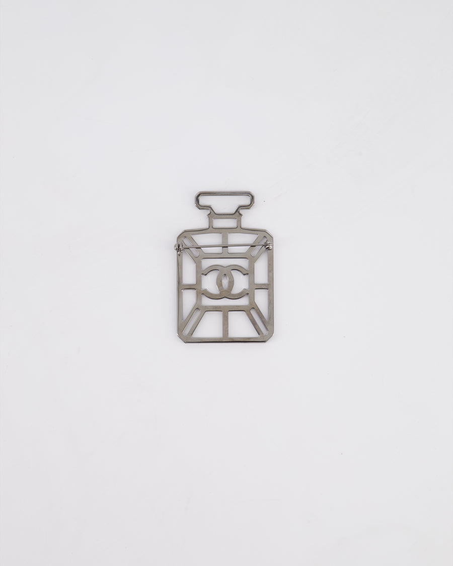 Chanel Silver Perfume Bottle Brooch with Crystals Detail