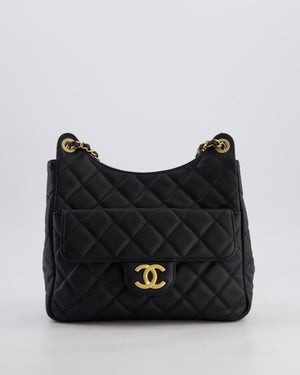 Chanel Medium Wavy CC Quilted Hobo Bag in Black Caviar Leather with Gold Hardware