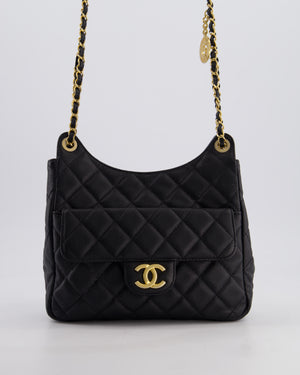 Chanel Medium Wavy CC Quilted Hobo Bag in Black Caviar Leather with Gold Hardware