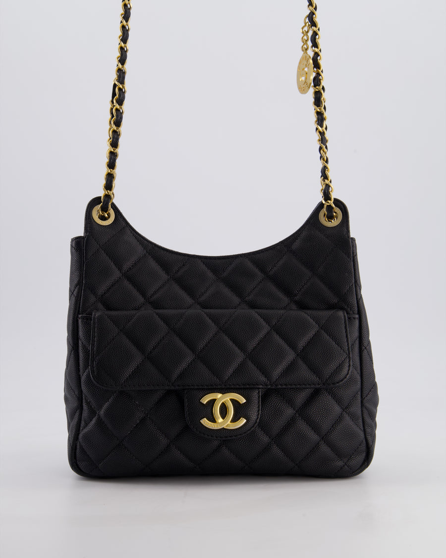 Chanel Medium Wavy CC Quilted Hobo Bag in Black Caviar Leather with Gold Hardware