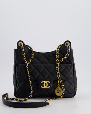 Chanel Medium Wavy CC Quilted Hobo Bag in Black Caviar Leather with Gold Hardware