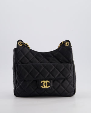 Chanel Medium Wavy CC Quilted Hobo Bag in Black Caviar Leather with Gold Hardware
