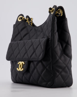 Chanel Medium Wavy CC Quilted Hobo Bag in Black Caviar Leather with Gold Hardware