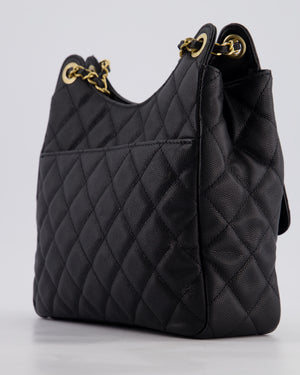Chanel Medium Wavy CC Quilted Hobo Bag in Black Caviar Leather with Gold Hardware