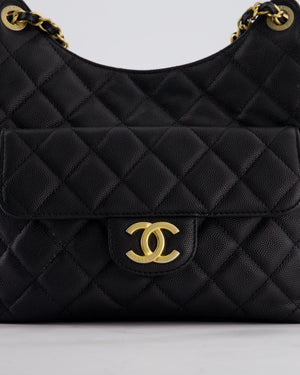 Chanel Medium Wavy CC Quilted Hobo Bag in Black Caviar Leather with Gold Hardware