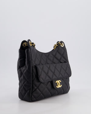 Chanel Medium Wavy CC Quilted Hobo Bag in Black Caviar Leather with Gold Hardware