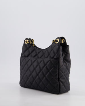 Chanel Medium Wavy CC Quilted Hobo Bag in Black Caviar Leather with Gold Hardware