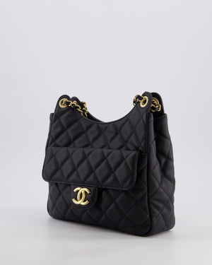 Chanel Medium Wavy CC Quilted Hobo Bag in Black Caviar Leather with Gold Hardware