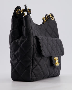 Chanel Medium Wavy CC Quilted Hobo Bag in Black Caviar Leather with Gold Hardware