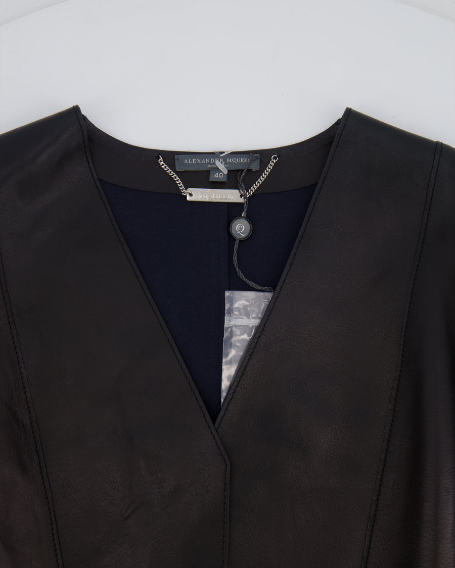 Alexander McQueen Black Leather Cropped Jacket with Ruffled Sleeves Size IT 40 (UK 8)