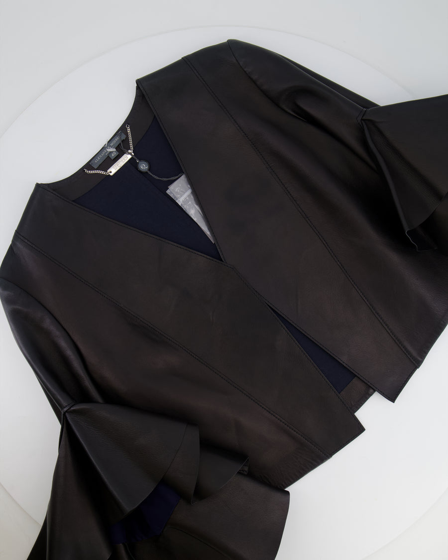 Alexander McQueen Black Leather Cropped Jacket with Ruffled Sleeves Size IT 40 (UK 8)