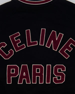 Celine Black College Jacket with Burgundy Striped Collar and Celine Paris Embroidery Detail Size S (UK 8)