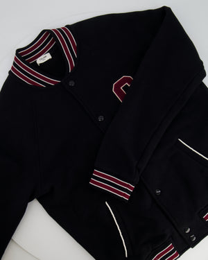 Celine Black College Jacket with Burgundy Striped Collar and Celine Paris Embroidery Detail Size S (UK 8)