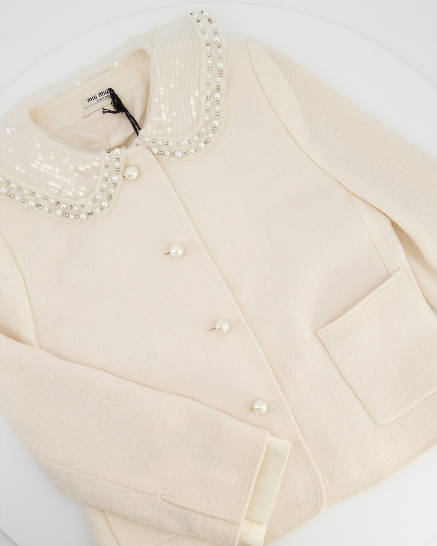Miu Miu Cream Jacket with Peterpan Pearl Embellished Collar IT 44 (UK 12)